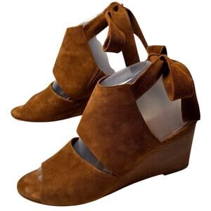Brown Suede Ankle Wrap Tie Platform Wedges Heel Womens Sz 9M Soft Leather Brazil